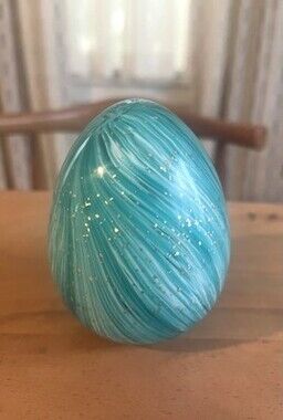 Sparkling Blue and Gold handblown Glass Egg Paper Weight